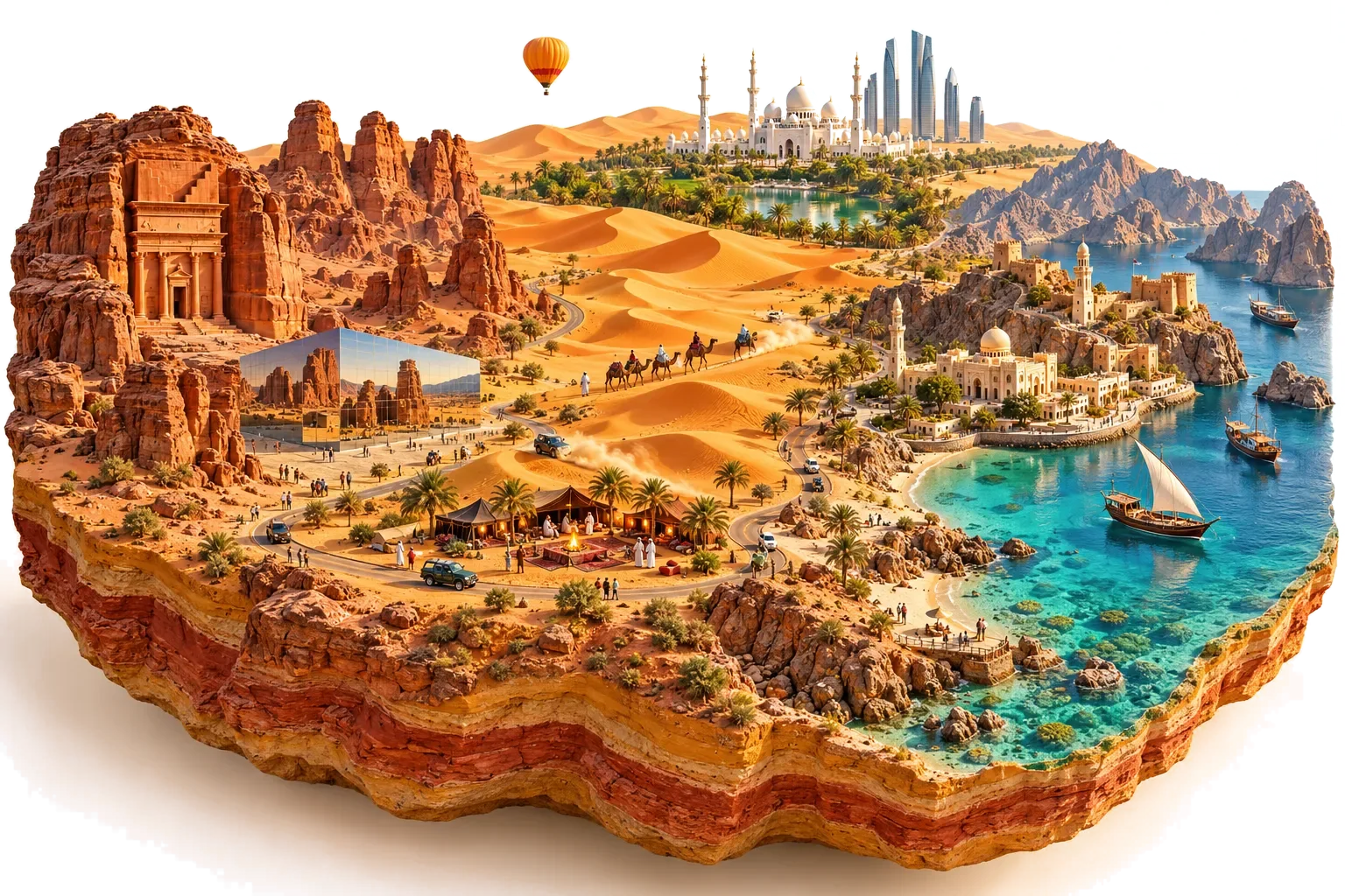 Arabian desert: orange dunes, a Bedouin camp with a tent, a camel caravan, an oasis with date palms and an SUV