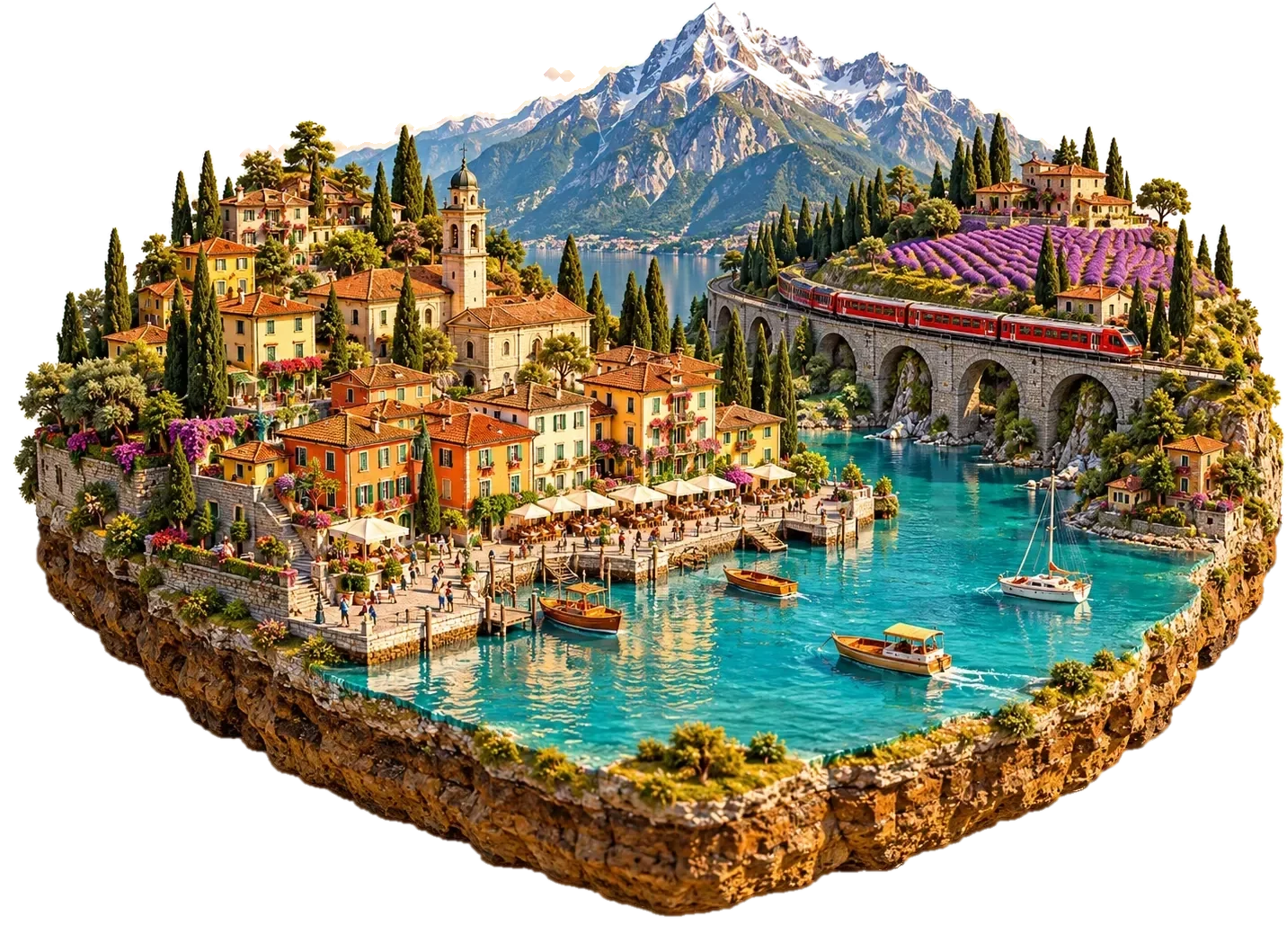 An alpine lake below a snowy peak, an Italian village with tiled roofs, a boat, a red train on a stone viaduct, cypresses and a lavender field