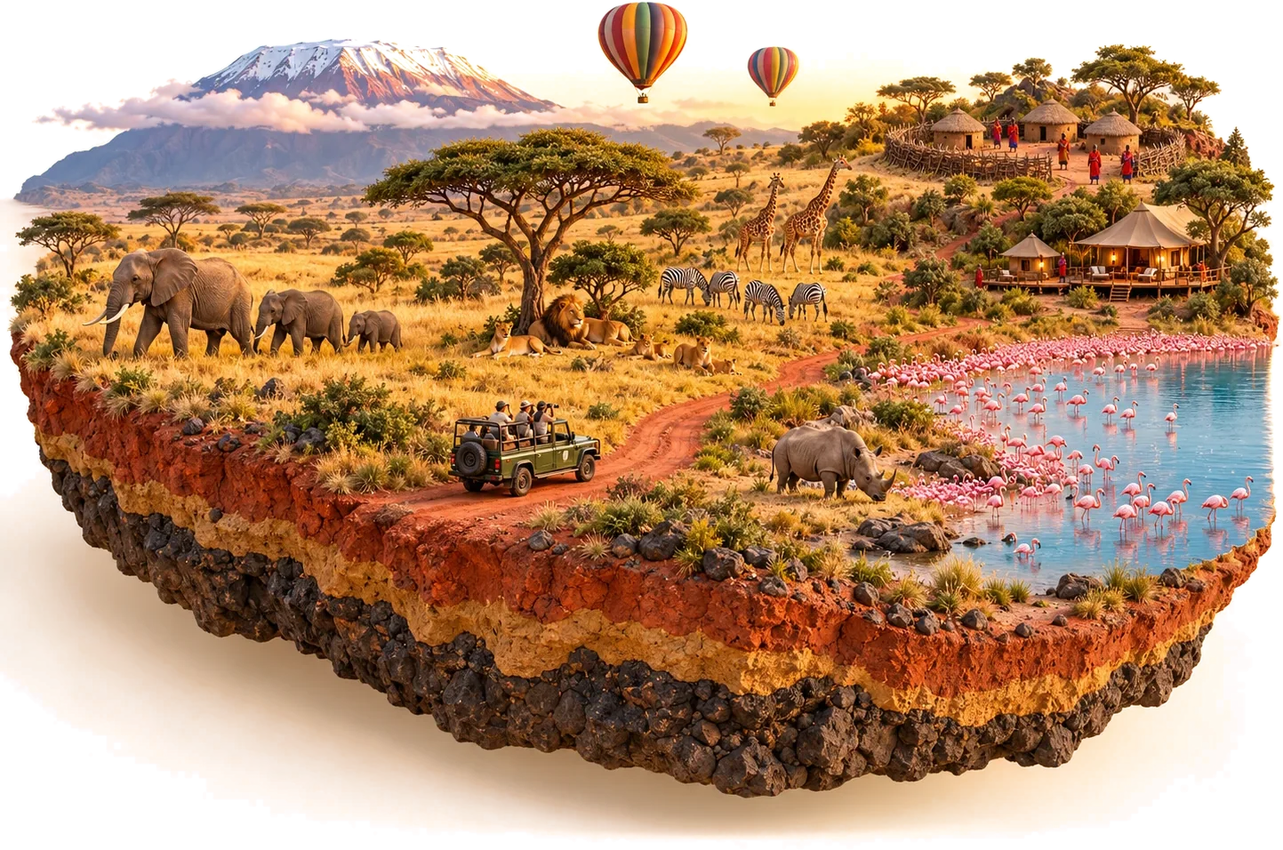Kenyan savanna: a tented lodge on a rock, giraffes, elephants in the river and a safari jeep on a dirt road