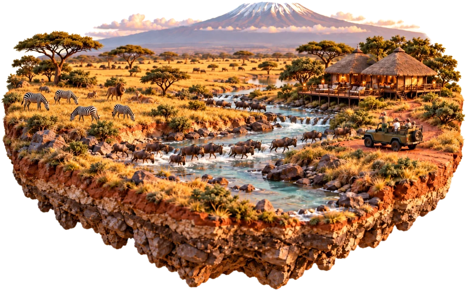 Serengeti: a thatched lodge on stilts, wildebeest crossing the river, zebras and a teal safari jeep with snow-capped Kilimanjaro behind