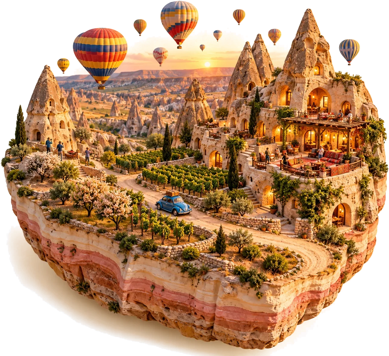Cappadocia: fairy chimneys with a cave hotel, hot-air balloons over the valley, vineyards and a winding road